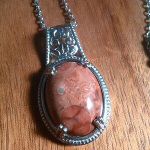 Poppy Jasper Solitaire Platinum Over Copper Pendant Stainless Steel Necklace
